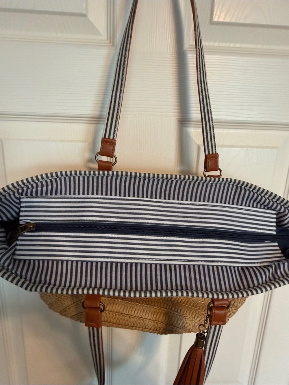Woven Straw Tote Bag with Brown Leather Handles - Picture 3 of 5